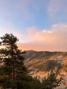 the mountains are covered in pine trees and clouds as the sun is setting over them