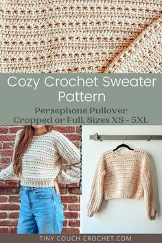 the crochet sweater pattern is shown in three different colors and sizes, with text overlay that says cozy crochet sweater pattern