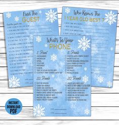 two snowflake winter wedding game cards with the text, what is your phone?