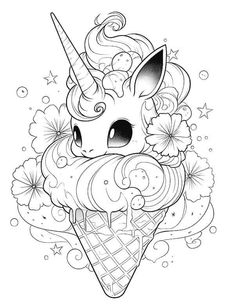 an ice cream cone with unicorns and flowers on it, in black and white