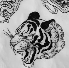 two drawings of tiger heads with different designs on the face and neck, one in black and white