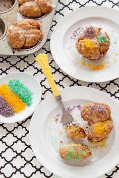 three white plates topped with cakes and muffins