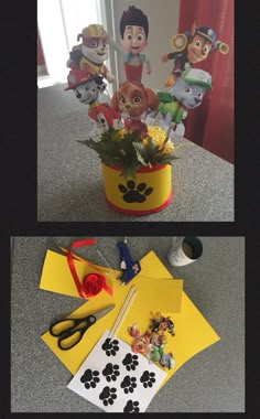 there are two pictures of paw patrol decorations in the same pot and on the table