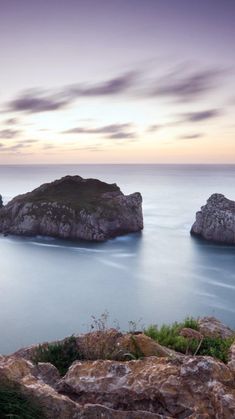 the ocean is full of rocks and some green plants on it's side, with an island in the distance