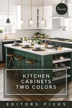 the kitchen cabinets are two colors and there is an advertisement for them on the counter