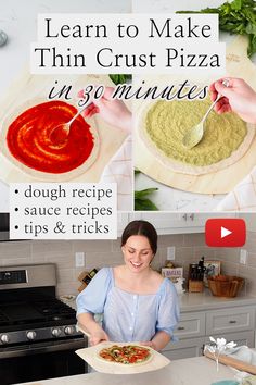 Two images of pizza dough side by side on the top half, one with red sauce, and the other with creamy pesto sauce. The bottom half shows a white woman smiling at a pizza on a pizza peel. Pesto Sauce Recipe, Pizza Sticks, Pizza At Home, Pizza Dough Recipe, Crust Pizza, Pizza Recipes Dough, Pesto Sauce, First Bite