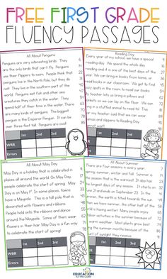 the free first grade flueny passages for students to practice their reading skills