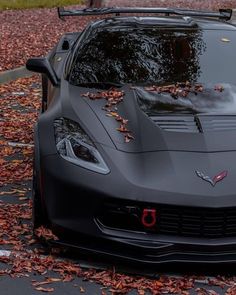 the front end of a black sports car parked in leaves