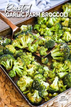 roasted garlic parm broccoli in a casserole dish