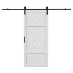 an open white barn door with black hardware on the top and bottom bars above it