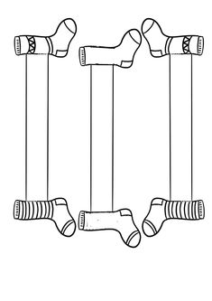 three pairs of socks hanging from hooks on the wall, one with two legs and one without