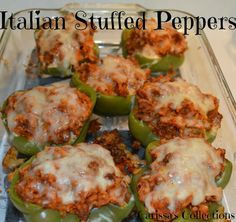 italian stuffed peppers in a baking dish with cheese and meat toppings on the top