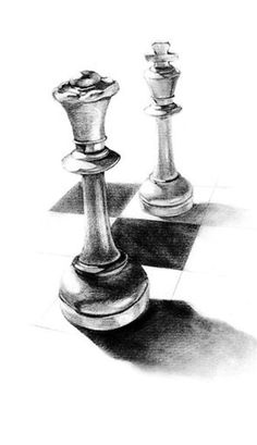 a pencil drawing of two chess pieces on a checkerboard floor with one pawn facing the other way