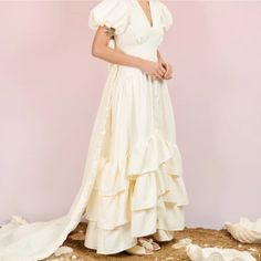 Gorgeous Party Dress/Gown With Long Removable Train Attached To The Back. Deep V Neck. Puff Sleeve. Color: Cream Size: Small Condition: Nwt Skirt Layers, White Alyssum, Happiness Comes In Waves, Maxi Vestidos, Black White Maxi Dress, Black Floral Maxi Dress, Sister Jane, Alternative Wedding Dresses, Sisters Dress