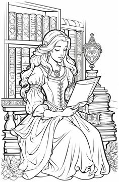 the princess is reading a book while sitting in front of bookshelves