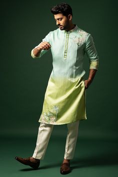 Buy YOSEBA Blue To Lime Ombre Embroidered Kurta Set at Pernia'sPopUpShopMen 2023 Mens Wear Kurta Design, Kurta For Man Design, Mens Outfits Kurta, Kurta Pyjama Designs For Men, New Men Kurta Design, Men’s Kurta Embroidery, Men Kurta Outfit, Traditional Men’s Clothing, Men’s Traditional Wear