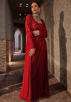 Red Embroidered Georgette Pre Drape Saree Set Nidhika Shekhar - Fabilicious Fashion Drape Sari, Female Elegance, Cape Set, Embroidered Cape, Red Tone, Fancy Sarees Party Wear, Drape Saree, Indian Wedding Wear, Ready To Wear Saree