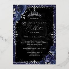 an elegant quinceauera birthday party with blue roses and jewels on the front