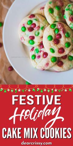 festive holiday cake mix cookies on a white plate