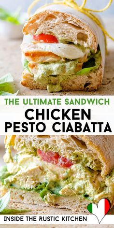 the ultimate sandwich chicken pesto ciabatta inside the rustic kitchen with text overlay