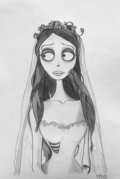 a drawing of a woman with long hair wearing a veil and holding a flower crown on her head