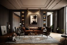 a living room filled with furniture and a dog sitting on the floor next to it