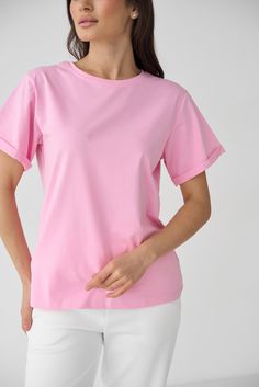 Loose-fit roll-sleeve T-Shirt in powder pink color. This item has a laconic design and is made of high quality cotton knit which keeps its shape and wears well for a long time, so it is great for everyday looks. Basic Pink Cotton Shirt, Cotton T-shirt With Rolled Sleeves And Crew Neck, Pink Plain Cotton Tops, Plain Pink Cotton Tops, Solid Color T-shirt With Rolled Short Sleeves, Solid Color T-shirt With Rolled Sleeves, Pink Casual Plain Tops, Casual Pink Tops With Shirttail Hem, Casual Pink Plain Tops