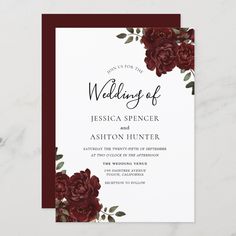 wedding card with burgundy flowers and greenery