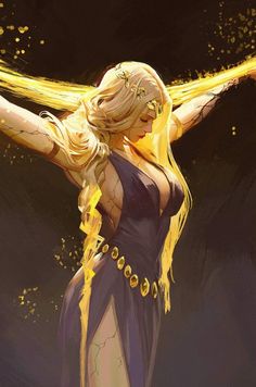 a painting of a blonde woman with her arms spread out in the air, wearing a black dress and gold chains