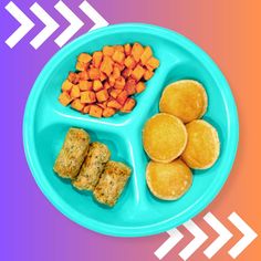 a blue plate with carrots, pancakes and tater tot bites on it