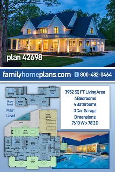 an advertisement for a house with the words plan 4298 and family home plans