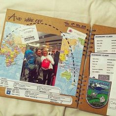 an open travel book with pictures and information on it, showing the location of different countries