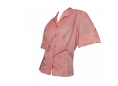 "Shimmery pink 1950s ladies shirt. - pink medium weight shimmery fabric (rayon faille) - short sleeves with wide turned up cuffs with tab and button - pearly buttons at the front - buttonhole in the pointed collar - unique shaped collar - fitting seams and darts - straight bottom designed to be tucked in - seams finished with pinking - label - none - condition - Excellent and clean. Sturdy and almost appears unworn. One tiny pin hole in the back. 39\" bust 30\" waist 15\" shoulder seam to should 1950s Blouse, Shimmery Fabric, Lavender Blouse, Ladies Shirt, Mesh Blouse, Plaid Vest, Belted Trench Coat, Yellow Blouse, Pin Hole