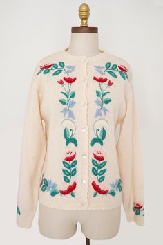 Shoppe Flora - Antique 1940s 100% Wool Cardigan vintage cottage core romantic feminine vintage inspired Vintage Floral Embroidered Long Sleeve Cardigan, Spring Wool Sweater With Buttons, Vintage Cream Sweater With Floral Embroidery, Beige Winter Cardigan With Floral Embroidery, Beige Floral Embroidered Winter Cardigan, Vintage Cream Embroidered Cardigan, Vintage Embroidered Cream Cardigan, Spring Wool Sweater With Embroidery, Spring Wool Embroidered Sweater