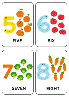 four cards with numbers and vegetables for counting the number six, seven, eight, nine