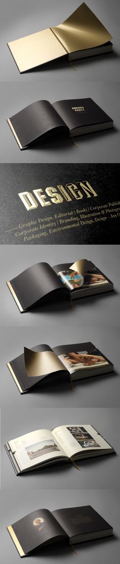 an open brochure is shown with gold foil on the pages and black paper