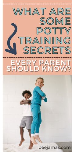 two children jumping on a bed with the text what are some potty training secrets every parent should know