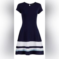 New York & Co. Colorblock Cotton Fit And Flare Dress, Color Grand Sapphire, Size L Bold Colorblocking Creates An Eye-Catching Effect Then Is Enhanced By An Effortlessly Flattering Flare Silhouette. New To Poshmark? Sign Up Using The Link Below & Use Code Franchasca_c For $10 Off Your First Purchase- Https://Posh.Mk/Vm6o0wbhtlb Striped Hem Dress For Work, Blue Color Block Mini Dress, Blue Color Block Short Sleeve Dress, Blue Short Sleeve Dress With Splicing, Blue Color Block Dress For Work, Clothing Ideas, Fit And Flare Dress, Flare Dress, Fit And Flare