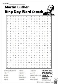 the martin luther king day word search is shown in this printable worksheet