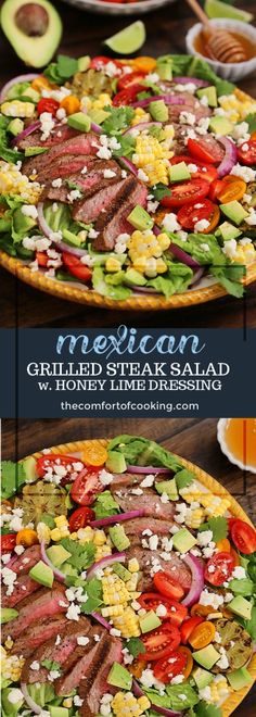 mexican grilled steak salad with avocado, tomato, and lettuce