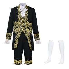 PRICES MAY VARY. 8 Pc including: 1 coat + 1 pants + 1 vest + 1 tie + 1 pair of wrist cuffs + 1 pair of stockings. Materials: high quality polyester, lace. Stand colloar long sleeve slim fit knee length frock coat. Renaissance court suit colonial victorian royal military uniforms. Suitable for Halloween, Cosplay Show, Masquerade ball, Dancing party, Renaissance festival, and stage performance, weddings,etc. Prince Cosplay, Ball Dancing, Dancing Party, Victorian Costume, Frock Coat, Military Uniforms, Stage Performance, Masquerade Ball, Wrist Cuffs