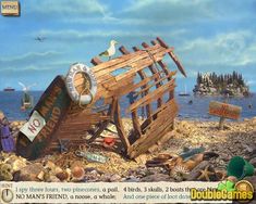 a painting of a boat that has been blown over by the ocean and is surrounded by seagulls