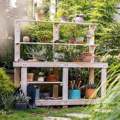 an outdoor garden area with potted plants and pots on top of a wooden shelf