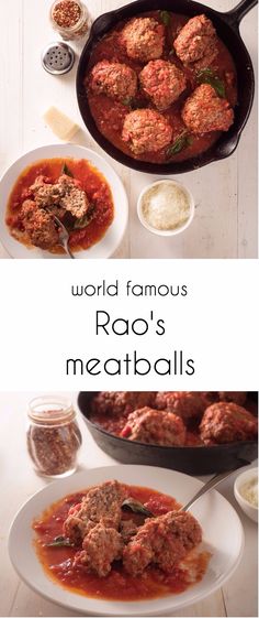 meatballs in tomato sauce are being cooked and served on white plates, with the words world famous raq's meatballs above them