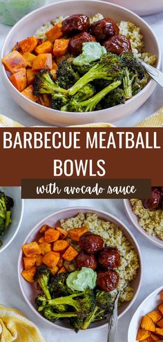 this barbecue meatball bowl is loaded with broccoli, carrots and rice