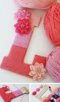 an email post with yarn and flowers on the letter e in red, pink and white