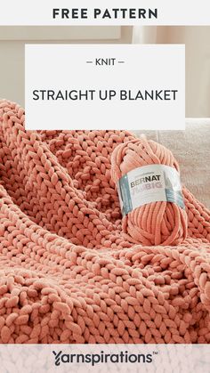 an orange knitted blanket with text overlay that reads, free pattern - knit straight up blanket