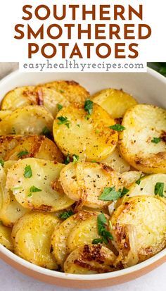 a bowl full of potatoes with parsley on top and the words southern smothered potatoes