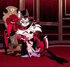 an animated cat sitting on top of a chair in front of a red carpeted room