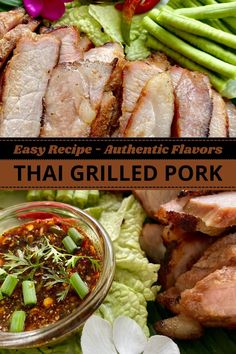 Thai grilled pork neck slices with nam jim jaew dipping sauce. Pork Neck Recipes, Pork Neck Recipe, Beverages Recipes, Food Savoury, Grilling Recipes Pork, Healthy Thai Recipes, Thai Pork, Pork Cheeks, Khmer Food